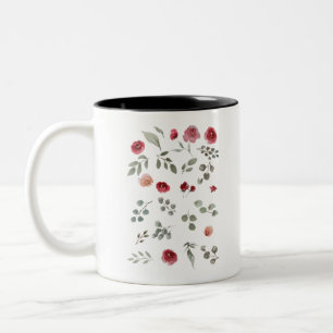 Caneca De Café Em Dois Tons Aquarela Rosas de Aquarela Folhas Verdes Folhas