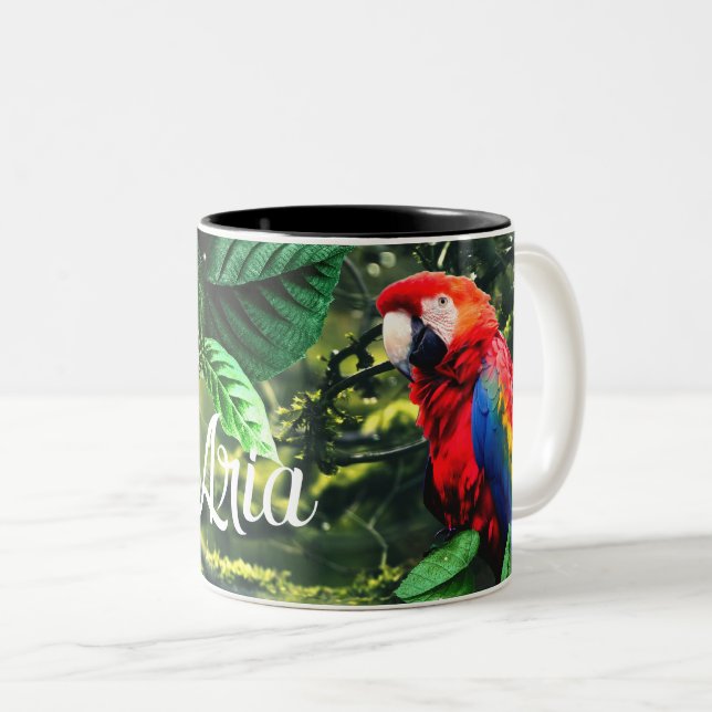 Caneca De Café Em Dois Tons Arara-escarlate na selva com flores (Frente Esquerda)