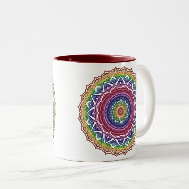 Caneca De Café Em Dois Tons Arco-Íris Espiral e Flor Geométrico Mandala (Frente Esquerda)