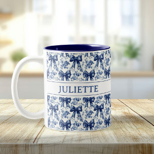 Caneca De Café Em Dois Tons Arcos Azuis Florais Elegante Vintage