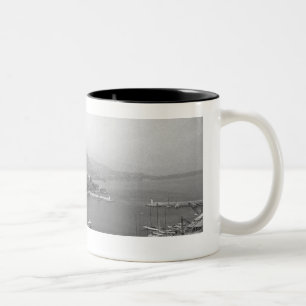 Caneca De Café Em Dois Tons Arquitectura da cidade na opinião elevado do port