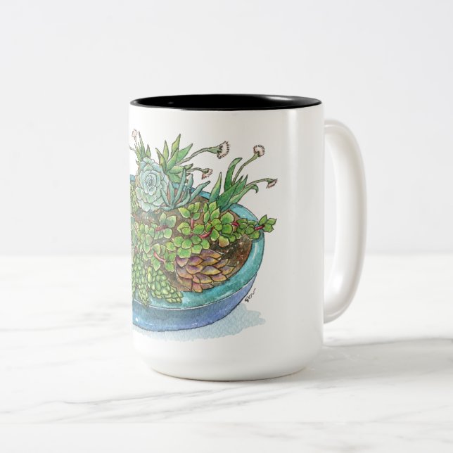 Caneca De Café Em Dois Tons Arredondar Jardim Suculento (Frente Esquerda)