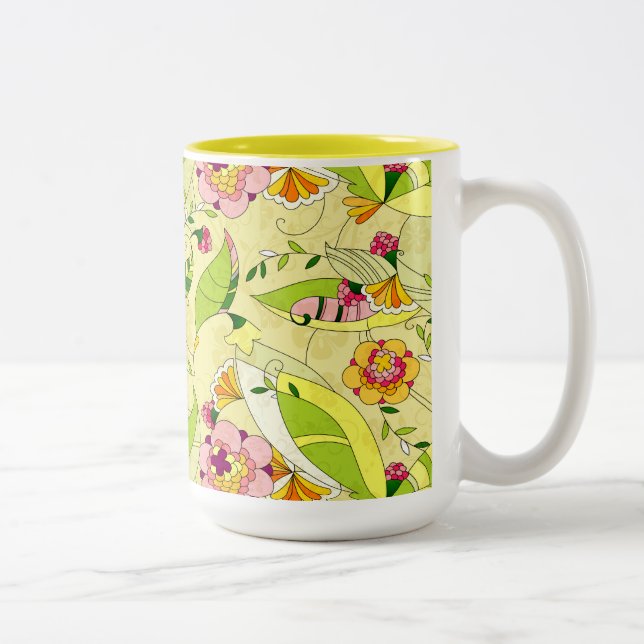 Caneca De Café Em Dois Tons Art Deco Floral Collage (Direita)