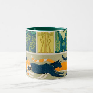 Caneca De Café Em Dois Tons Art Nouveau Gatos e Flores