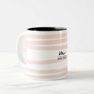 Caneca De Café Em Dois Tons Arte Abstrata Linhas Rosa Bege Monograma Moderno