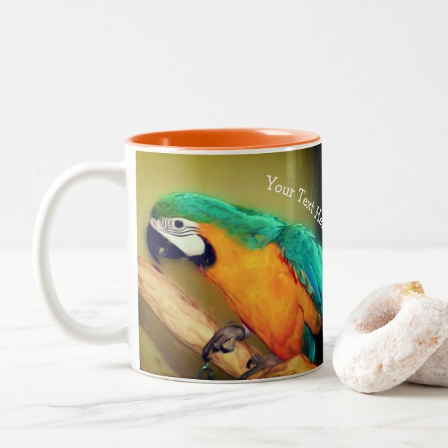 Caneca De Café Em Dois Tons Arte Animal de Papagaio Dourado Azul Personalizada (Com Donut)