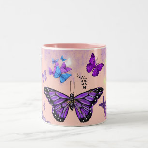 Caneca De Café Em Dois Tons Arte de Borboleta Colorida com Asa Vibrante na nat