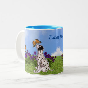 Caneca De Café Em Dois Tons Arte de Cão Personalizada com Borboletas Dalmacian