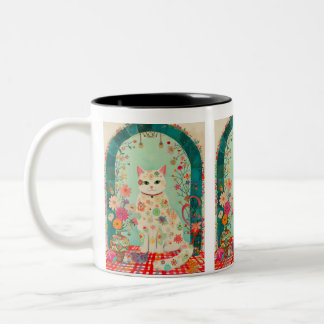 Caneca De Café Em Dois Tons Arte de Gato em Prado Floral Caprichoso