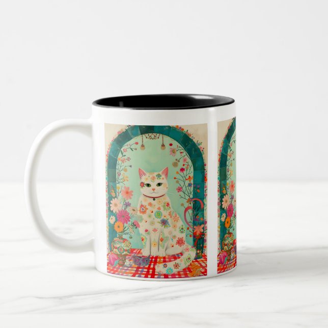 Caneca De Café Em Dois Tons Arte de Gato em Prado Floral Caprichoso (Esquerda)
