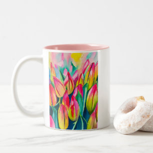 Caneca De Café Em Dois Tons Arte de tulipas de aquarela rosa