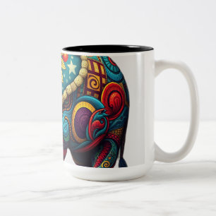 Caneca De Café Em Dois Tons Arte elefante caleidoscópica vibrante