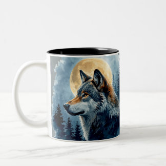 Caneca De Café Em Dois Tons Arte em Aquarela do Lobo da Lua Mística | Floresta