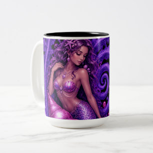 Caneca De Café Em Dois Tons Arte Fantasia de Sereia Roxa Mística Oceano Mági