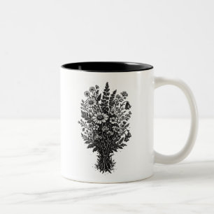 Caneca De Café Em Dois Tons Arte floral botânica linocut de flores silvestres 