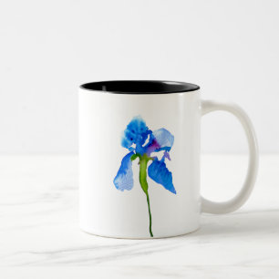 Caneca De Café Em Dois Tons Arte floral da aguarela moderna azul da íris