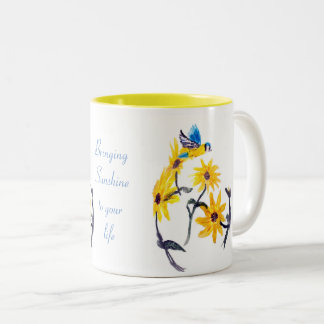 Caneca De Café Em Dois Tons Arte Floral de Aves, Citação Amarelo de Girassóis
