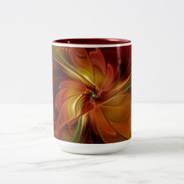 Caneca De Café Em Dois Tons Arte floral fractal abstrata vermelha laranja marr