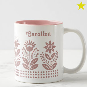 Caneca De Café Em Dois Tons Arte Floral Minimalista Rosa Personalizada