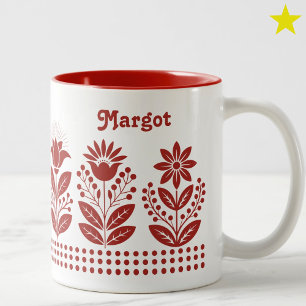 Caneca De Café Em Dois Tons Arte Floral Minimalista Vermelha Personalizada