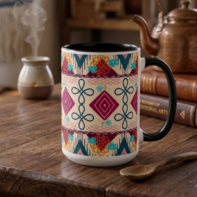 Caneca De Café Em Dois Tons Arte Folclórica Boho (Criador carregado)