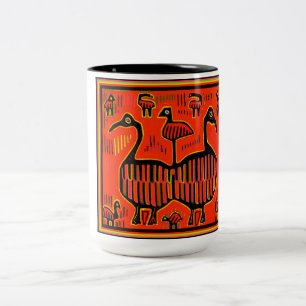 Caneca De Café Em Dois Tons Arte Folclórica Pássaros Coloridos