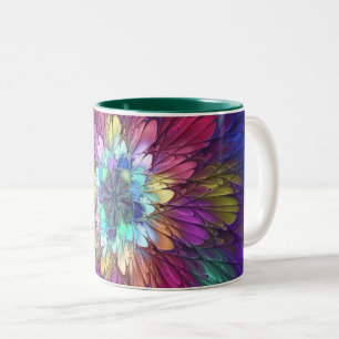 Caneca De Café Em Dois Tons Arte Fractal Abstrata de Flor Psicodélica Colorida