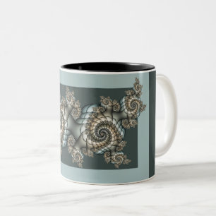 Caneca De Café Em Dois Tons Arte fractal azul claro bege abstrato espirais