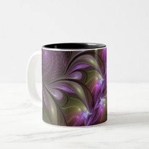 Caneca De Café Em Dois Tons Arte Fractal de Khaki, Abstrato violeta e colorida