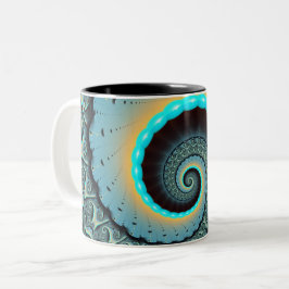 Caneca De Café Em Dois Tons Arte fractal espiral abstrata azul-turquesa laranj