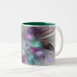 Caneca De Café Em Dois Tons Arte Fractal Moderna Floral Colorida Abstrato
