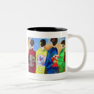 Caneca De Café Em Dois Tons Arte Geisha Japonesa primavera kimono