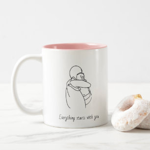 Caneca De Café Em Dois Tons Arte Linear Minimalista Personalizada de Mãe e Fil