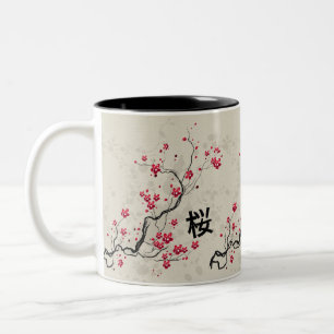 Caneca De Café Em Dois Tons Arte oriental da flor de cerejeira de Sakura do