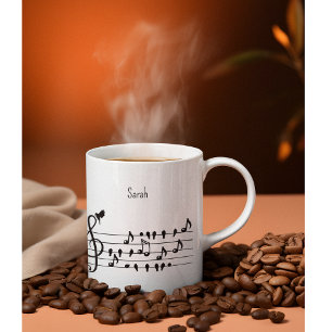 Caneca De Café Em Dois Tons Arte Personalizada de Símbolo de Treble de Pássaro