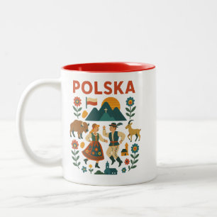 Caneca De Café Em Dois Tons Arte Plana Montanhesa Folk Polonesa