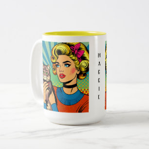 Caneca De Café Em Dois Tons Arte Pop de Mulheres de Quadrinhos com Gato