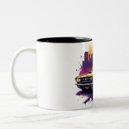 Caneca De Café Em Dois Tons Arte Retro de Carro e Paisagem Urbana