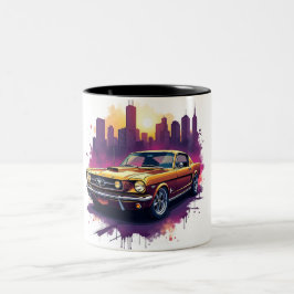 Caneca De Café Em Dois Tons Arte Retro de Carro e Paisagem Urbana
