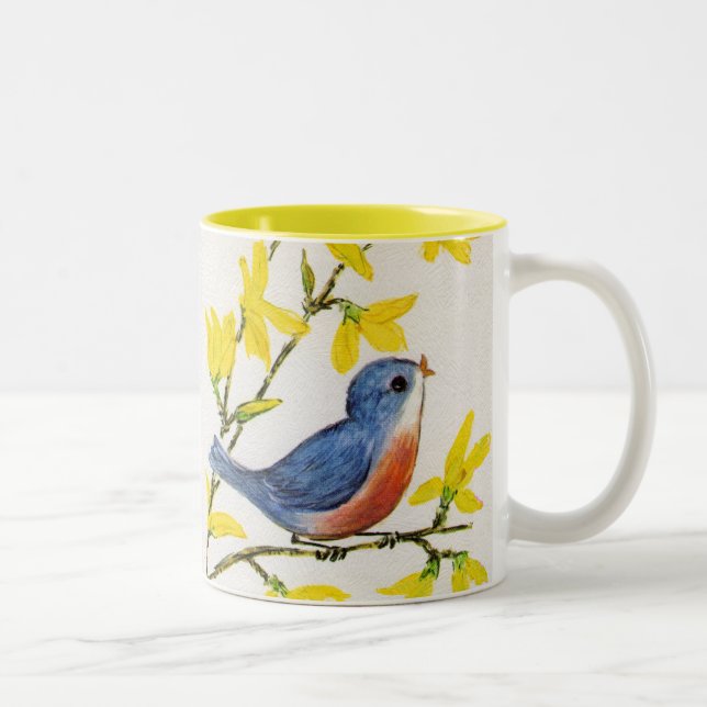 Caneca De Café Em Dois Tons Árvore azul de pássaro cante bonito (Direita)