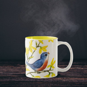 Caneca De Café Em Dois Tons Árvore azul de pássaro cante bonito