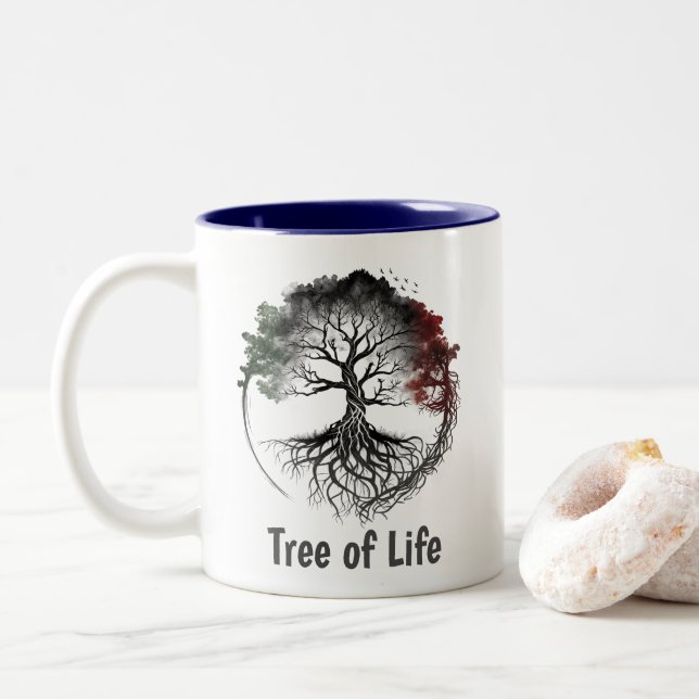 Caneca De Café Em Dois Tons Árvore da Vida | Meditação | Estilo Celta (Com Donut)