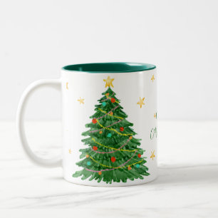 Caneca De Café Em Dois Tons Árvore de Aquarela Merry Christmas Mug