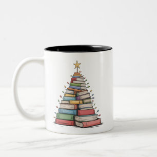 Caneca De Café Em Dois Tons Árvore de Natal de Livros Retro Bibliófilo Bibliot