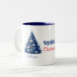 Caneca De Café Em Dois Tons Árvore de Natal de Margarida Azul Nome de Natal Me