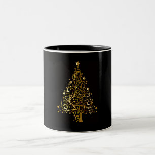 Caneca De Café Em Dois Tons Árvore de Natal Espelhada Preta e Dourada Design