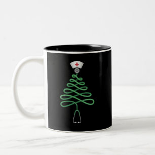 Caneca De Café Em Dois Tons Árvore de Natal Estetoscópio Enfermeira Roupa de T
