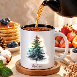 Caneca De Café Em Dois Tons Árvore de Natal pinheiro verde festivo aquarela fo
