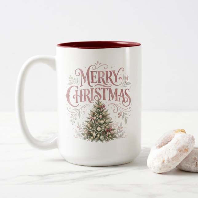 Caneca De Café Em Dois Tons Árvore de Natal Tradicional Rosa | Pinkmas (Com Donut)