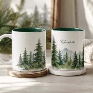Caneca De Café Em Dois Tons Árvore de Pinheiro Moderna Inverno Nome Personaliz